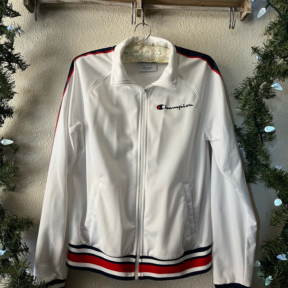 Champion Varsity Jacket White Red Striped Trim